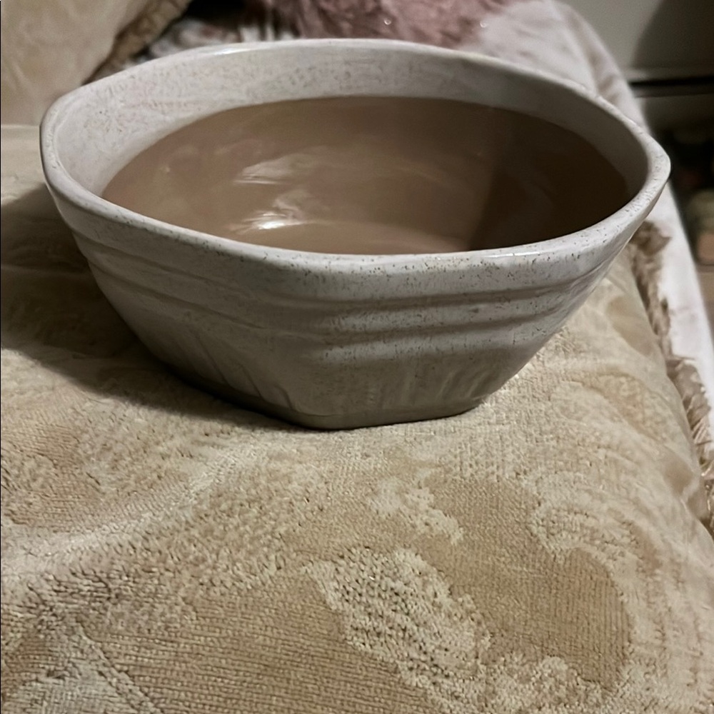 Cream and Brown Ceramic Art Bowl with Concentric Ridges